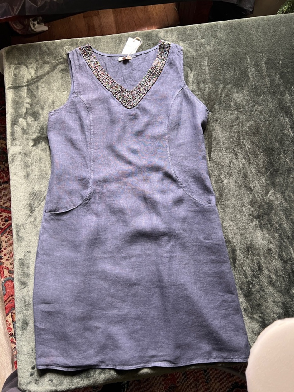 Blue Linen Dress with Embellished V-Neck- Pockets-easy back detail-perfect